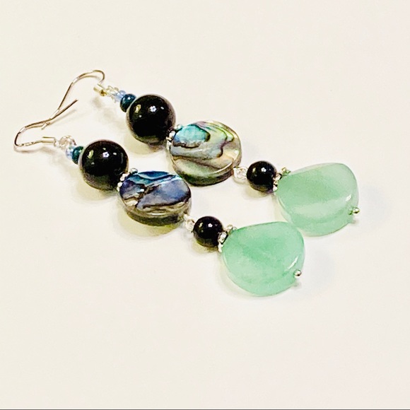 Mint Green Aventurine Stone, Fabulous Abalone & Black Onyx BOHEMIAN Earrings - Picture 2 of 6